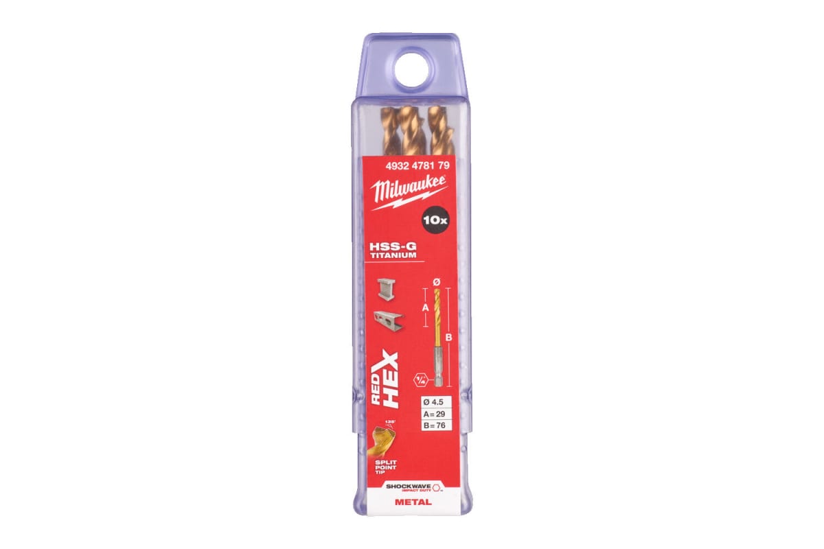 Сверло по металлу Milwaukee RedHEX HSS-G TiN. 4.5мм  (10шт) Milwaukee