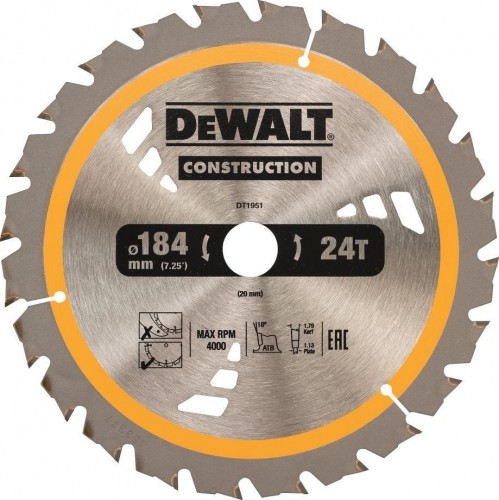 Пильн.диск CONSTRUCTION п/дер. с гвоздями 184/20 24 ATB +18° DeWalt