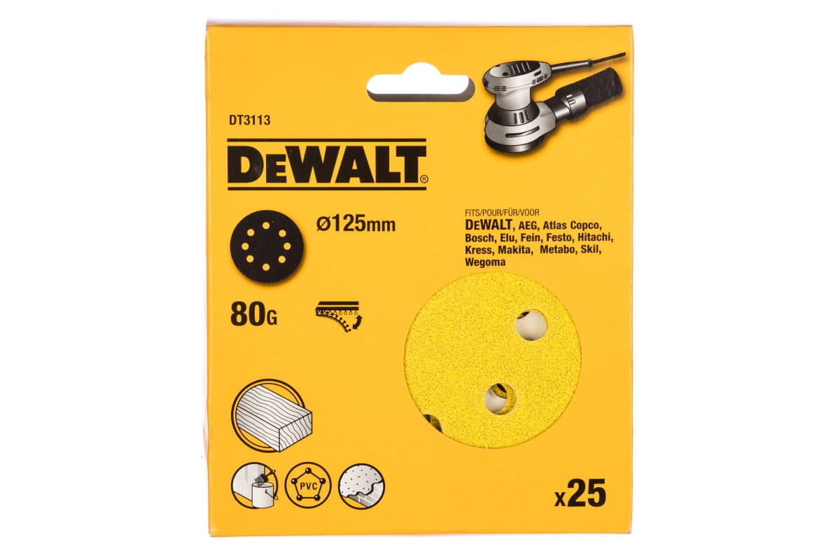 DeWalt Шлифкруги 125мм, 8 отв., 80G, 25шт 