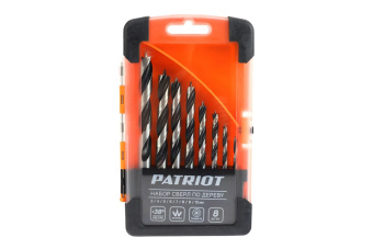 Набор сверл по дереву  PATRIOT спиральные, W-образная заточка,  8 шт: 3, 4, 5, 6, 7, 8, 9, 10мм, в п